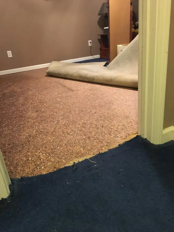 Carpet pad removal revealing water damage during Water Mitigation Services in Aston